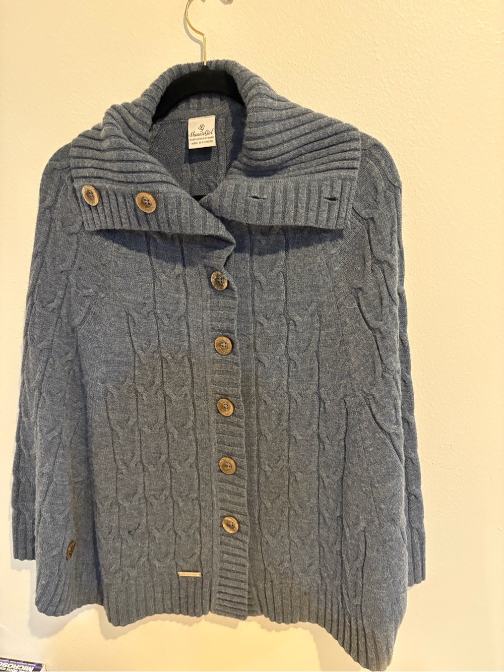 Panache Cable-Knit Button Front Poncho in Blue Gray